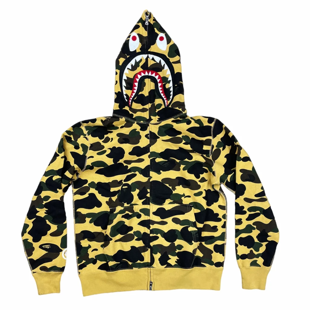 Bape Color Camo Tiger Shark Wide Full Zip Double Hoodie Yellow