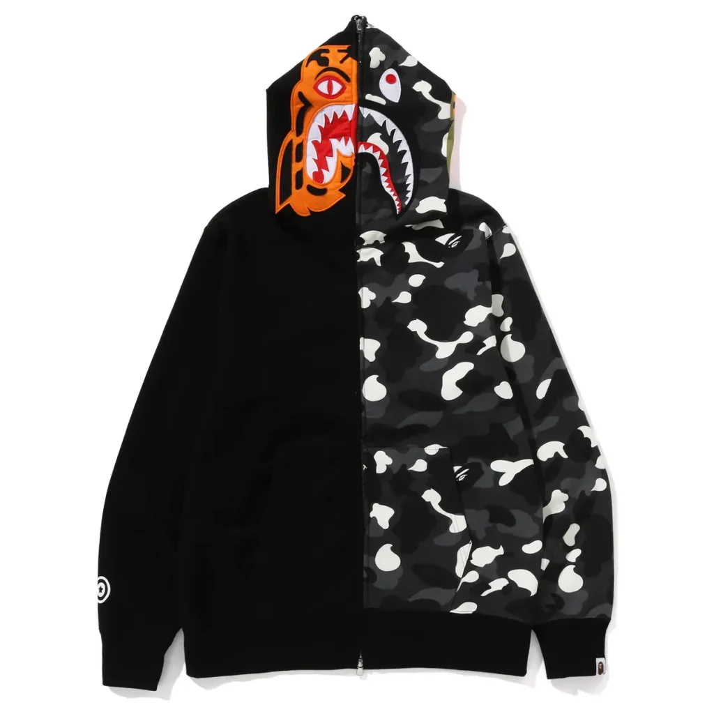 Bape Tiger Shark Split Camo Full Zip Hoodie Black