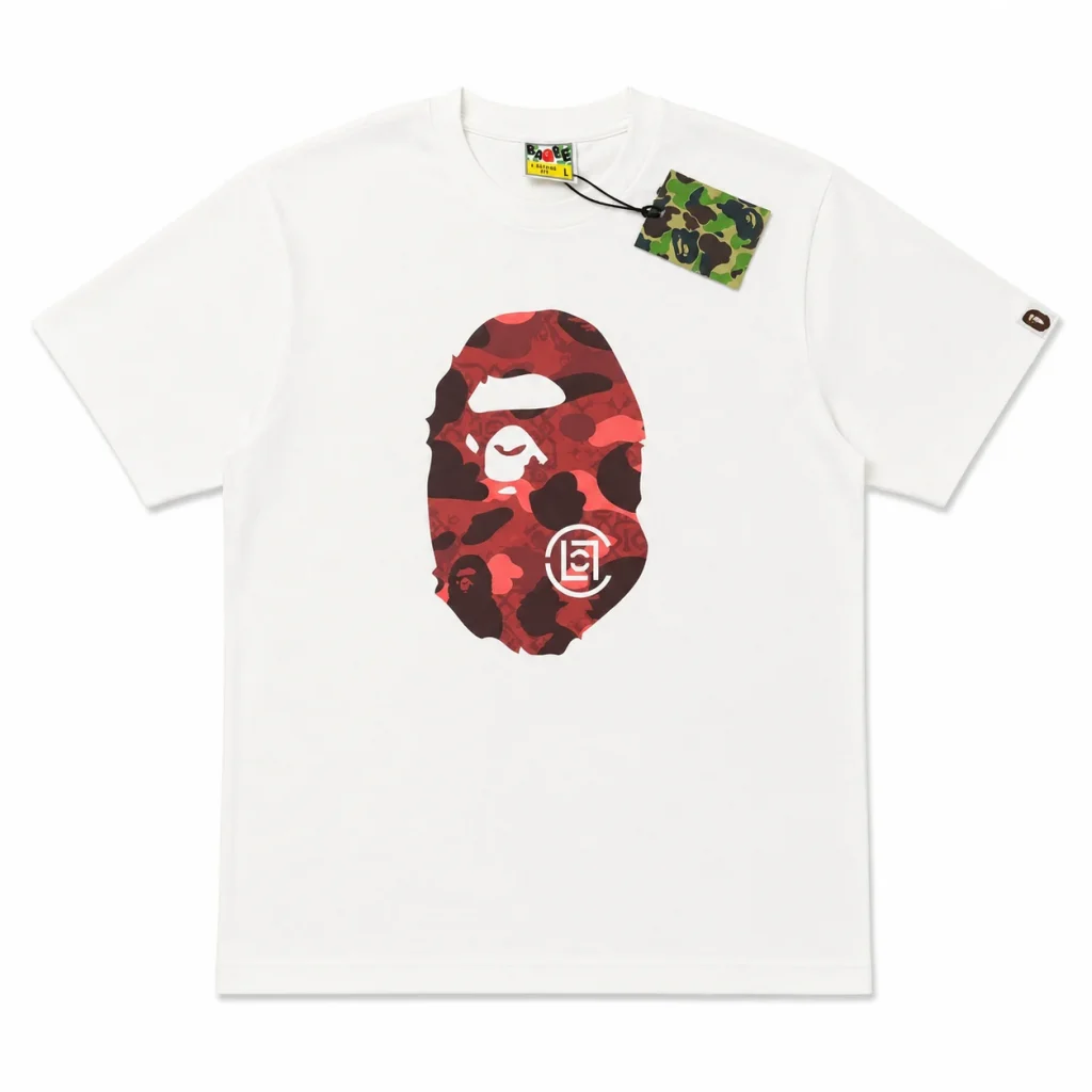 BAPE Red ABC Camo Ape Head Tee White