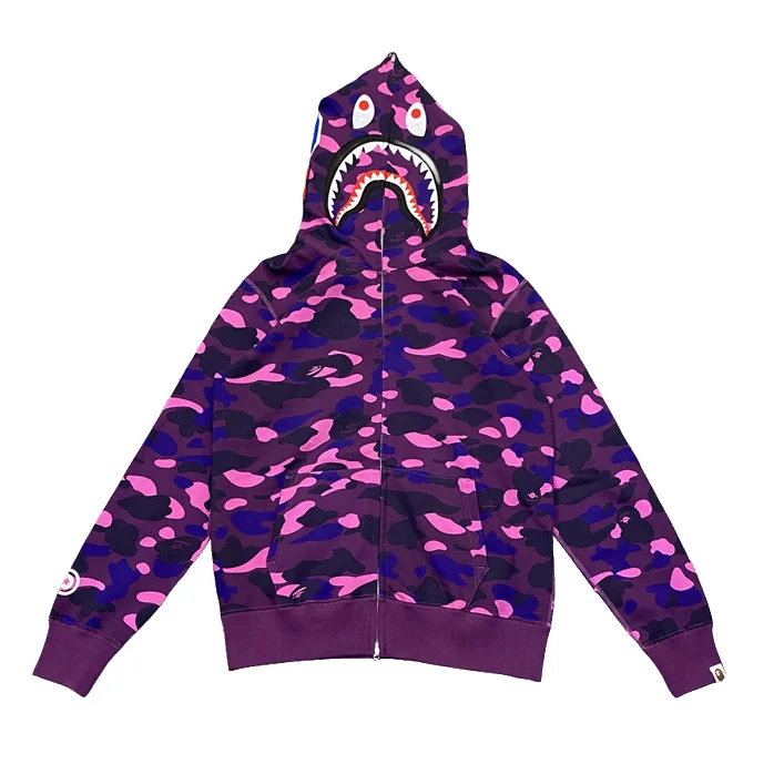 Bape Color Camo Tiger Shark Wide Full Zip Double Hoodie Purple