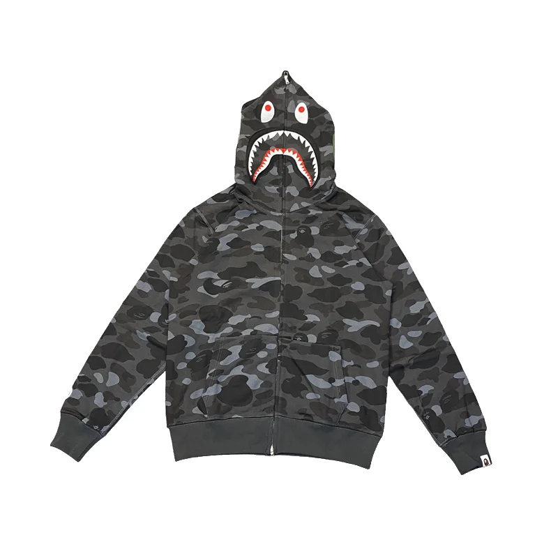 Bape Color Camo Tiger Shark Wide Full Zip Double Hoodie Grey